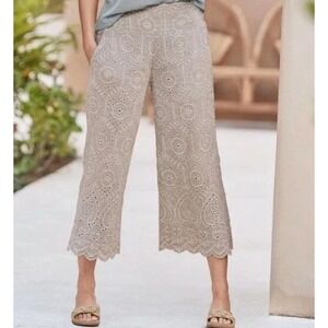 Sundance Boho Embroidered Eyelet Wide Leg Pants PL Tan Capri Pull on Resortwear